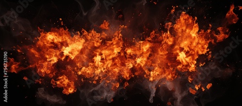 A large amount of fire erupting fiercely against a stark black background, creating a dramatic and intense scene. Flames engulfing the space with fiery intensity and power.