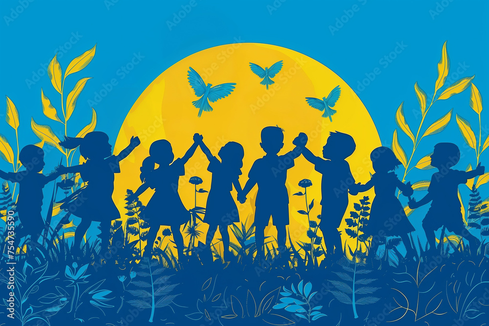 Harmony and support concept with blue and yellow children silhouettes