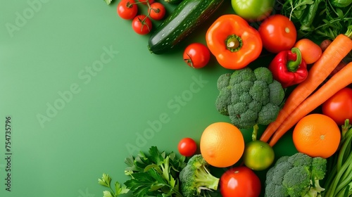 Fresh Assorted Vegetables and Fruits on Vibrant Green Background for Nutritious Eating
