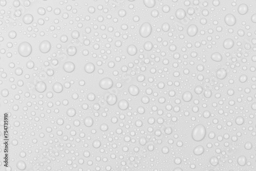 Water drops on white background texture. backdrop glass covered with drops of water. gray bubbles in water