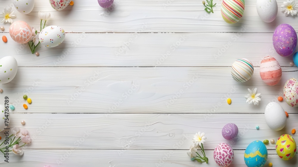 Easter Eggs, Flat Lay, Top view of Easter Eggs on Wooden Background