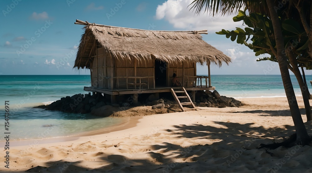 Fototapeta premium a nipa hut at the beach on a remote island from Generative AI