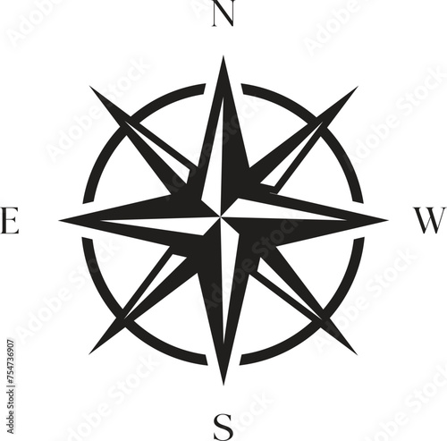 Vintage marine wind rose, nautical chart. Monochrome navigational compass with cardinal directions of North, East, South, West. Geographical position,