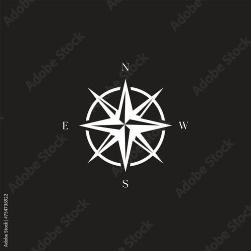 Vintage marine wind rose, nautical chart. Monochrome navigational compass with cardinal directions of North, East, South, West. Geographical position,