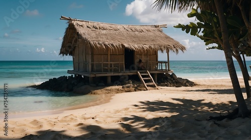 a nipa hut at the beach on a remote island from Generative AI © Arceli