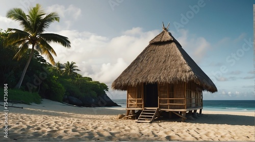 a nipa hut at the beach on a remote island at morning from Generative AI © Arceli