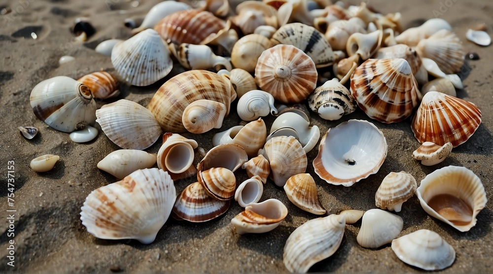 a pile of seashells at the beach on a remote island from Generative AI