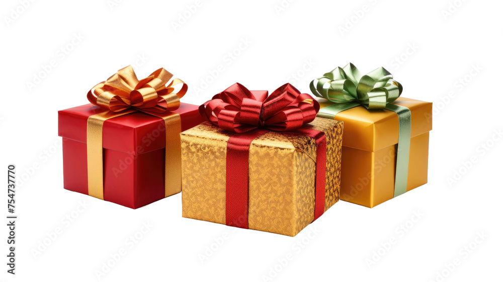Obraz premium three decorated Christmas gift boxes levitate isolated on a white background