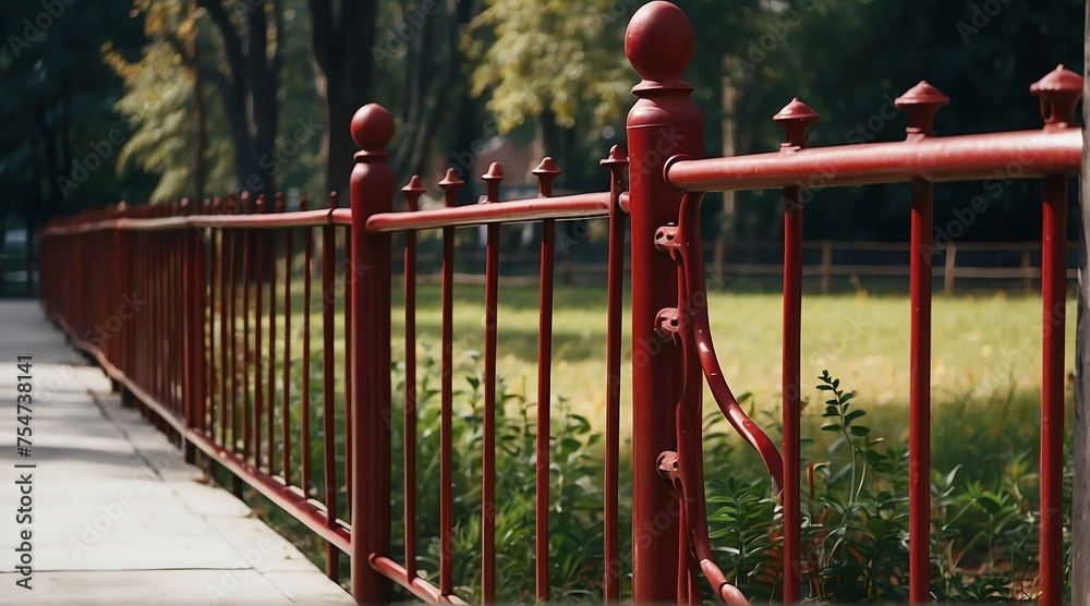red metal fence railings on side of park from Generative AI red metal fence railings on side of park from Generative AI