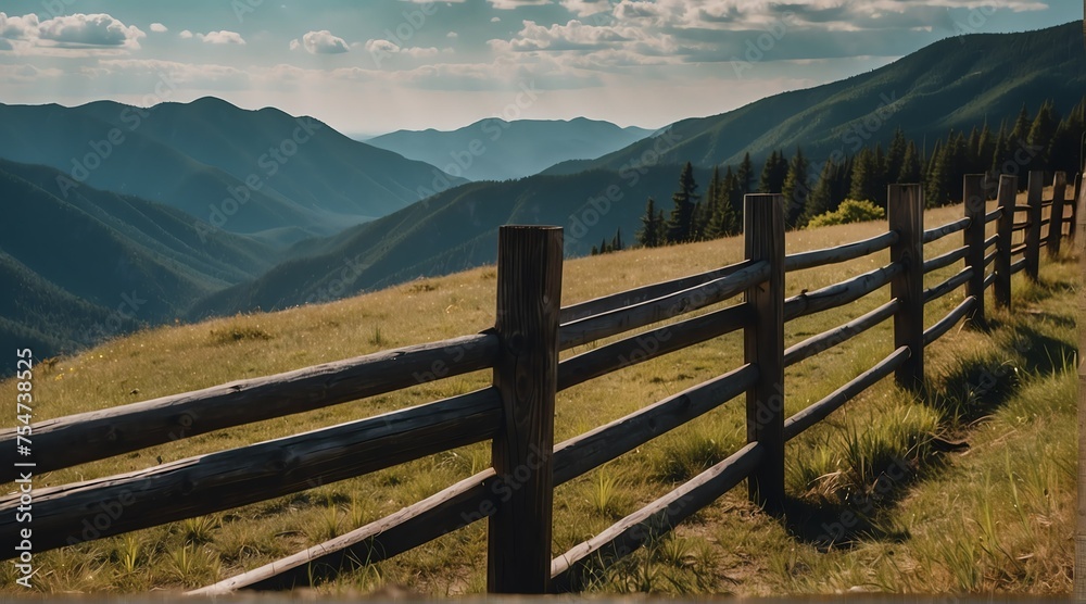 Obraz premium wooden fence on side of a mountain cliff from Generative AI