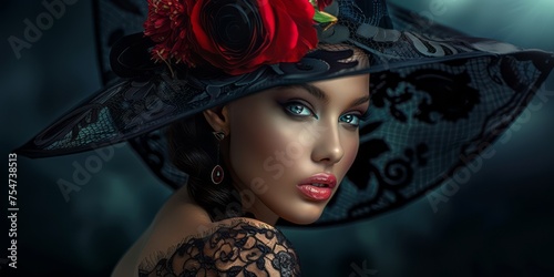 Portrait of a young woman with blue eyes looking seductively wearing a big black hat with flowers. A girl dressed in a black lace dress.