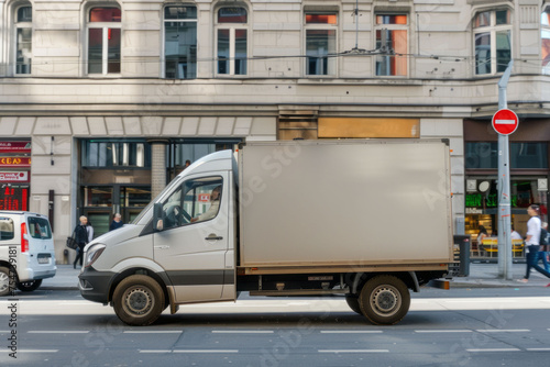 Mockup of a small truck with white van on a city street, side view. AI generative © tiena