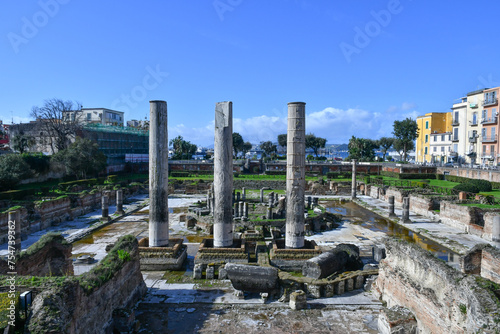 Ruins of an ancient Roman amphitheater in a town in Campania