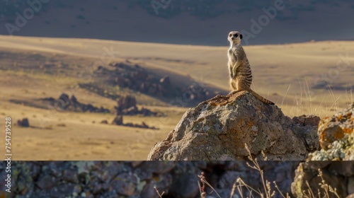 Arid Wilderness Scene  Meerkat Guarding from Rocky Outcrop  Top View 