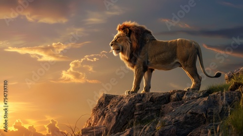 Majestic Lion Roaming Cliffside at Sunset  Telephoto Lens 