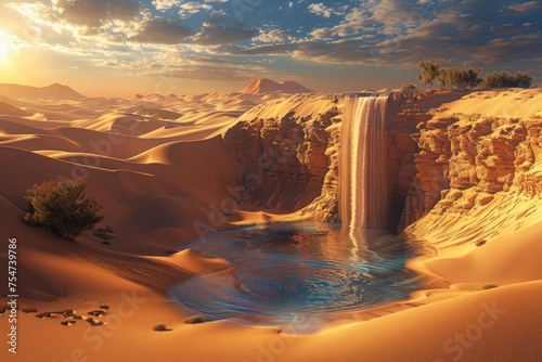 A desert with an oasis as a portal to another world photo