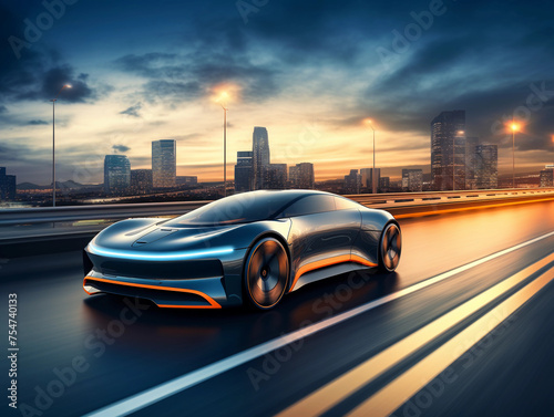 futuristic EV car or luxury sports car fast vehicle on highway with full self driving system activated for transportation autonomy concepts as wide banner with copy space area 