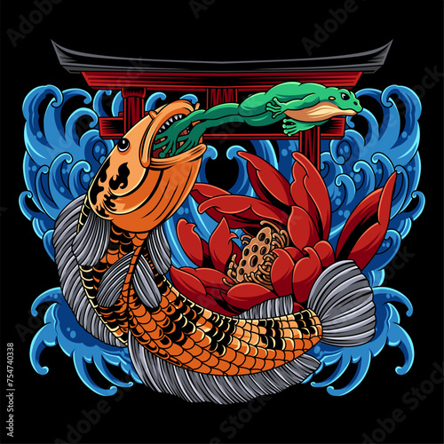 Vector graphic illustration of channa fish for clothing design merchandise isolated on dark background