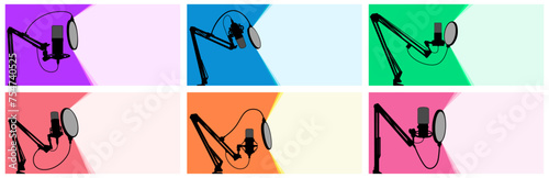 Set background condenser microphone. Studio recording announcer banner template design