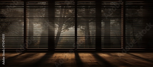 A dark room with minimal lighting, featuring a large window covered by closed wood blinds. The window allows a faint glimpse of the outside world, casting shadows across the room. photo
