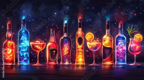 The vector illustration depicts bottles and glasses of alcohol on a dark background. photo