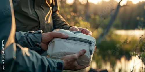 Person holding a small light-colored storage pouch while adventuring in a forest at dusk, emphasizing outdoor readiness