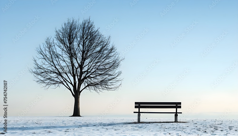 Lonely tree with bare branches in winter and empty bench against clear sky Lonely tree with bare branches in winter and empty bench against clear sky