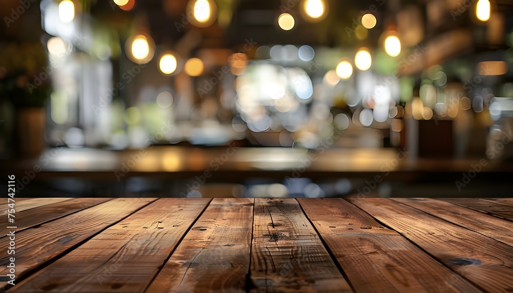 Top of Wooden table with Blurred Bar restaurant background Top of Wooden table with Blurred Bar restaurant background