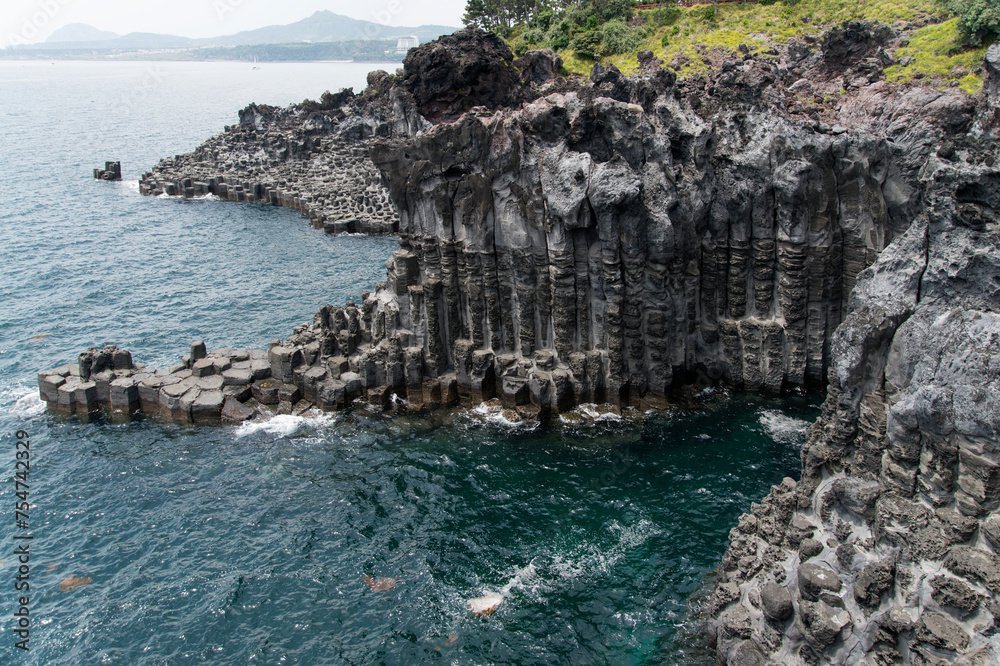 View of the columnar jointings at the seaside of Jeju Island