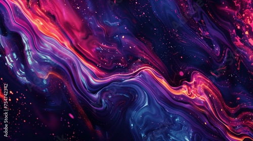Cosmic Fluidity, the essence of cosmic wonders through fluid art, showcasing a dazzling blend of deep blues, purples, and fiery reds, sprinkled with stars to resemble a galaxy.