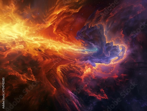 Stellar Inferno, abstract depiction of a cosmic event, with fiery red and orange hues entwined with cool blues and purples, creating an intense visual representation of a galactic explosion