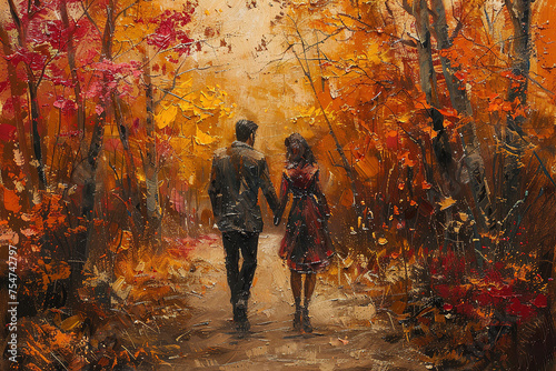 A couple holding hands takes a romantic walk amidst the beautiful autumn scenery.