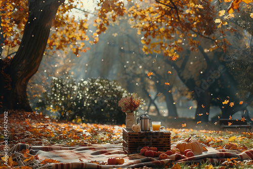 Autumn picnic has a blanket on the ground with a picnic basket. thermos and seasonal desserts Colorful changing leaves photo