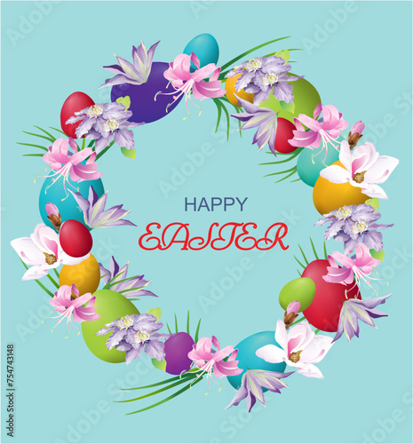   Easter decoration with a wreath of flowers and Easter eggs