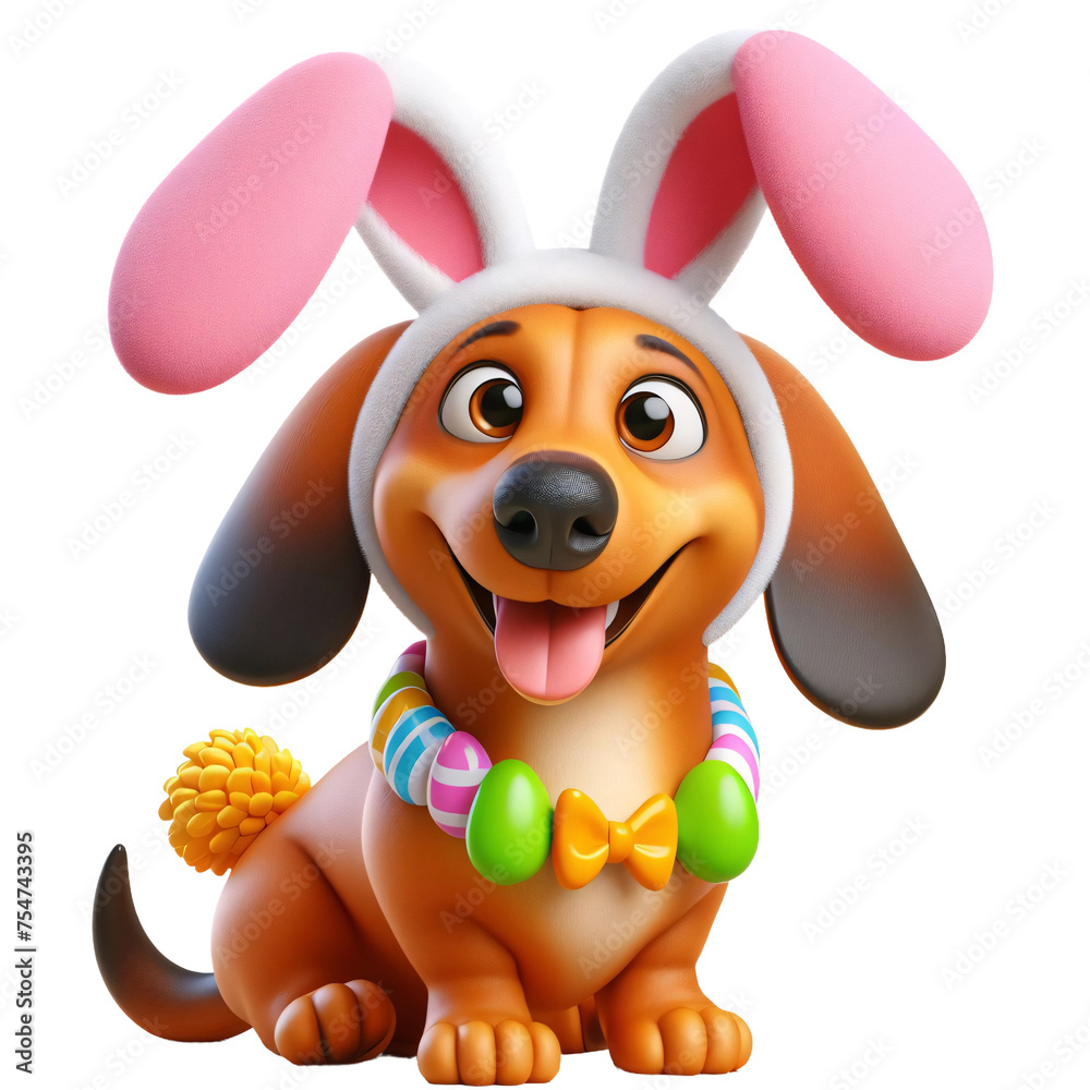 Cute 3D Dachshund Dog Dressed Up as Easter Bunny, Isolated on