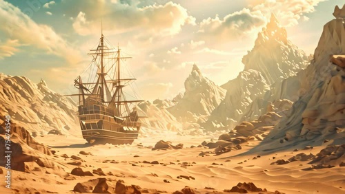 pirate ship in the desert. 4k video photo