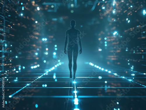 A digital human figure walking through a dynamic, high-tech corridor with blue lights and circuit patterns.