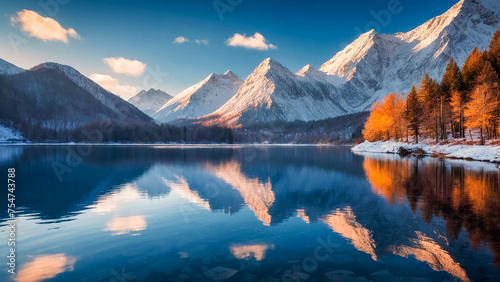lake and mountain Beautiful colorful landscape. Sunset. Panoramic view of beautiful mountain landscape in the mountains. © NONTANUN