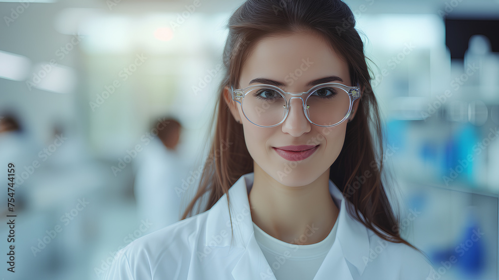 A woman wearing glasses and a white lab coat is smiling for the camera. She is a scientist or a medical professional A woman wearing glasses and a white lab coat is smiling for the camera. She is a scientist or a medical professional