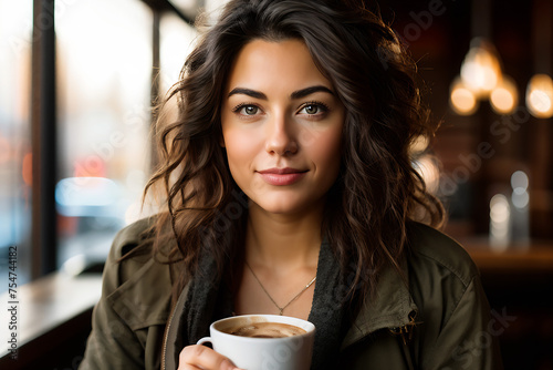 "An elegant lady savoring flavorful coffee."Generative AI