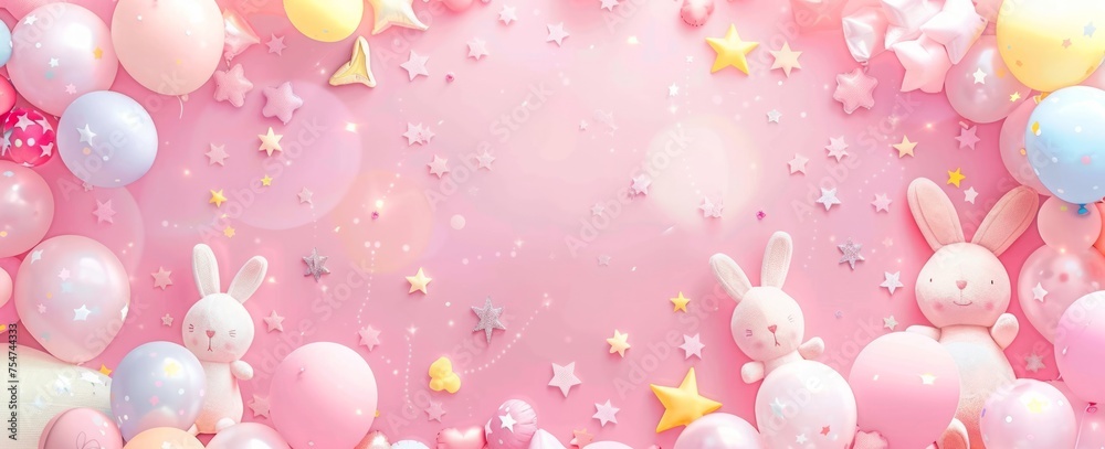 Baby shower template for girl. Its a girl baby shower invitation with lettering. Cute cartoon style baby girl with a hot air balloon, rainbow, toys, sun and clouds Baby shower template for girl. Its a girl baby shower invitation with lettering. Cute cartoon style baby girl with a hot air balloon, rainbow, toys, sun and clouds