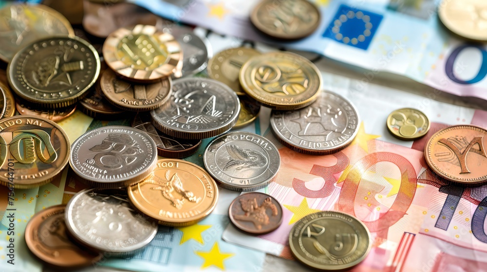Assorted euro coins and banknotes in a close-up shot. ideal for financial themes and money-related content. european currency representation. AI Assorted euro coins and banknotes in a close-up shot. ideal for financial themes and money-related content. european currency representation. AI