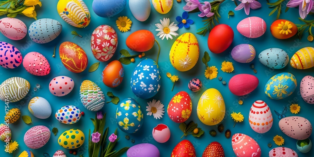 Top view photo of spring flowers and multicolored Easter eggs on isolated pastel blue background. - obrazy, fototapety, plakaty 
