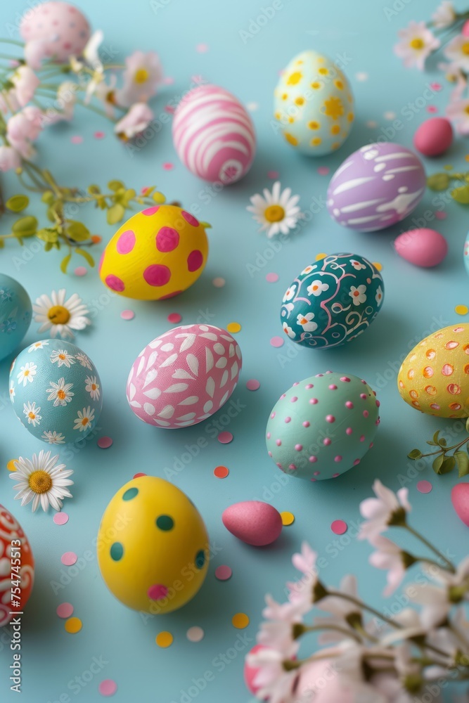 Top view photo of spring flowers and multicolored Easter eggs on isolated pastel blue background.