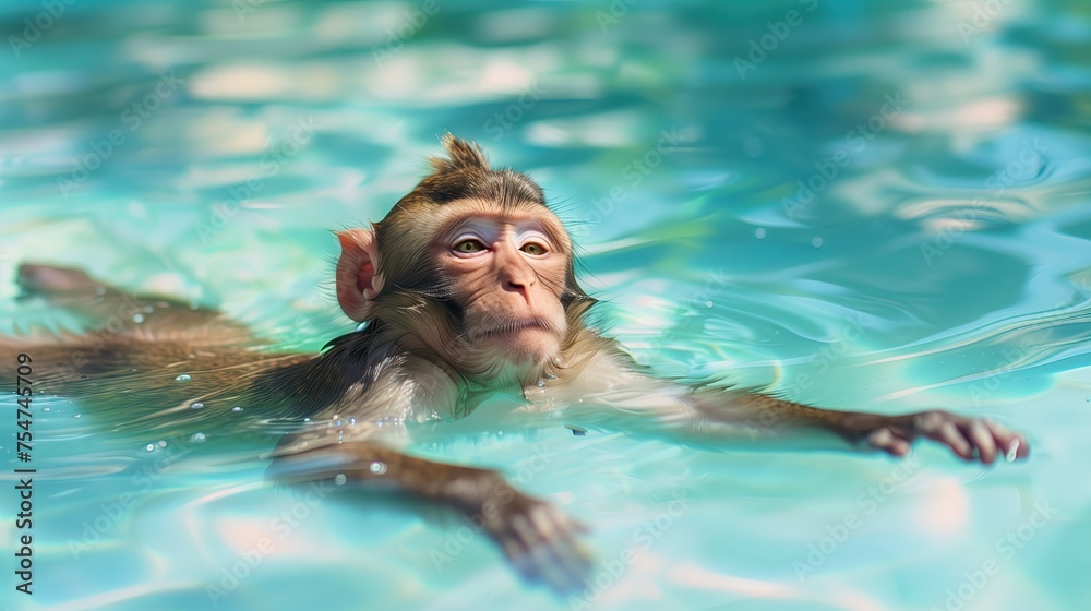 Cute monkey swimming in the clear pond water. The ripples of the water reflect strong light. The water surface is very bright.