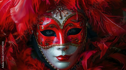 Mysterious venetian masquerade mask surrounded by feathers. vibrant red and gold carnival mask. enigmatic and festive atmosphere captured. AI