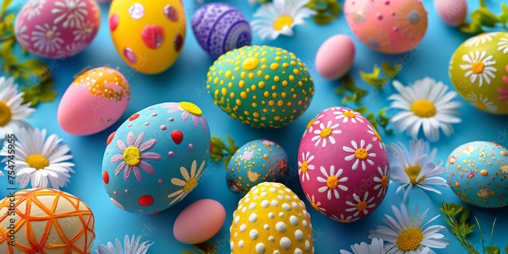Top view photo of spring flowers and multicolored Easter eggs on isolated pastel blue background. Top view photo of spring flowers and multicolored Easter eggs on isolated pastel blue background.