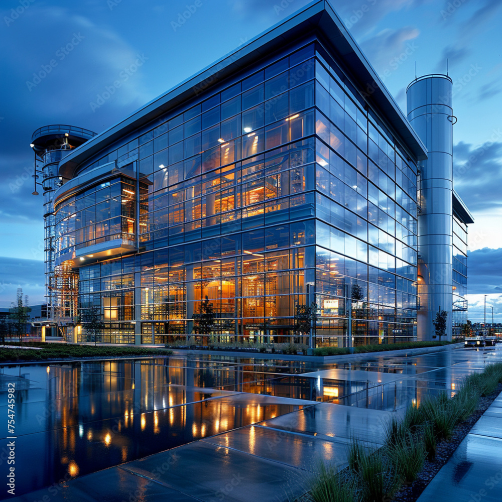 Modern office building with reflection in water at dusk. Business concept.