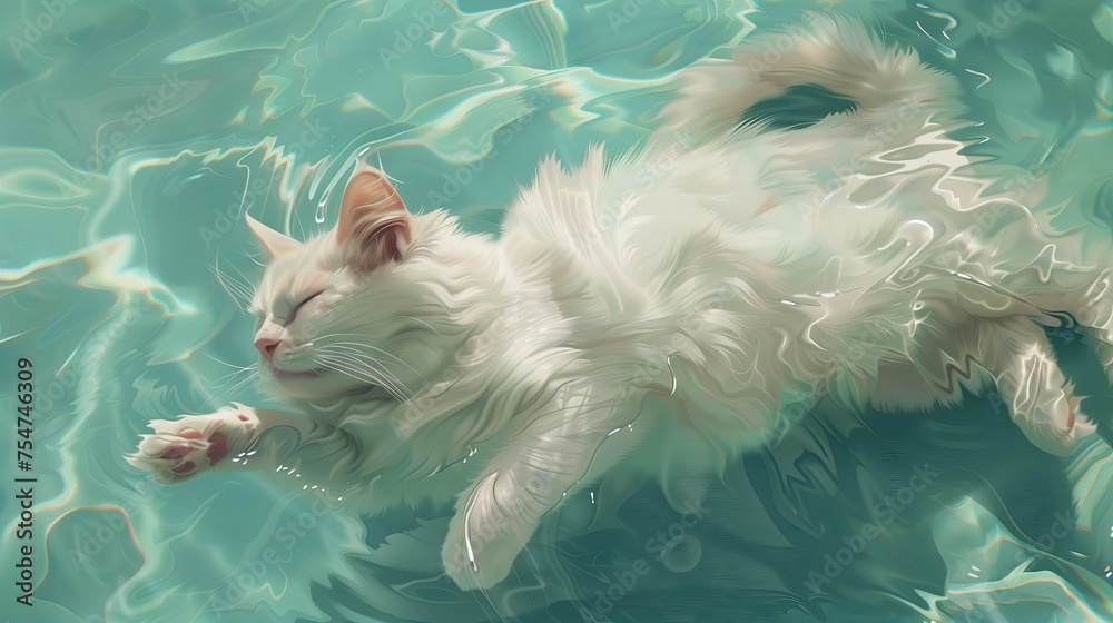 A cute white cat swims in the clear pond water. The ripples of the water reflect strong light. The water surface is very bright.