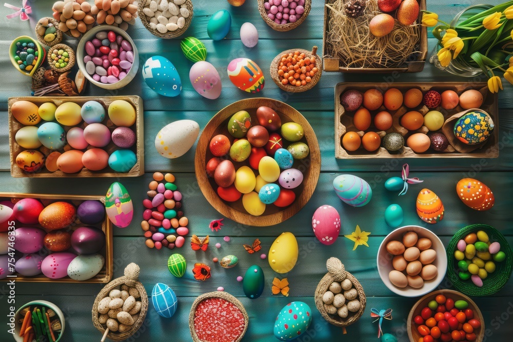 Top view photo of spring flowers and multicolored Easter eggs on isolated pastel green wooden table.